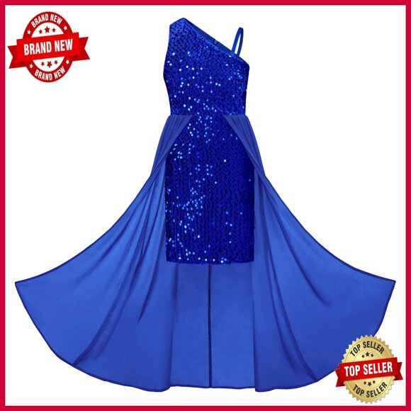 Sequin One Shoulder Dress Formal Pageant Prom Party Elegant Chic Girls